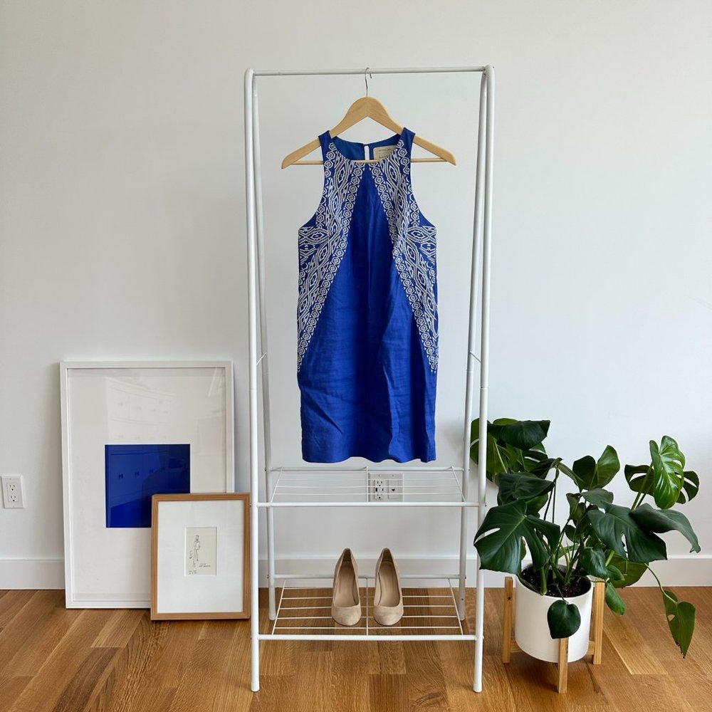 Nicole Miller Artelier, Linen Blend Embroidered Dress, Blue and White/Silver, U